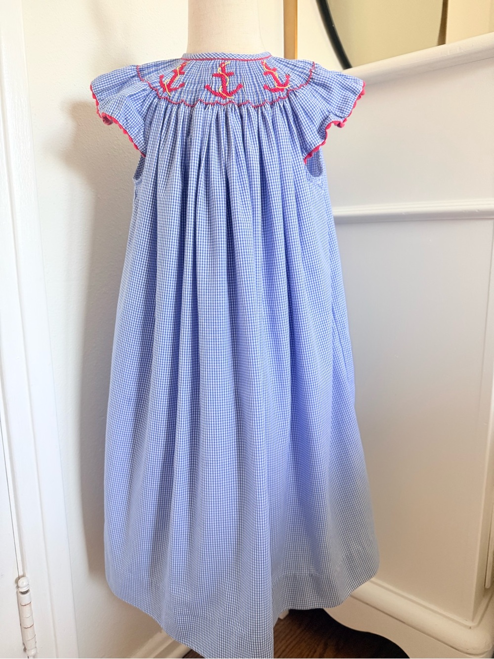 This & That Girls 5 Hand Smocked Anchor Blue Gingham Bishop Dress